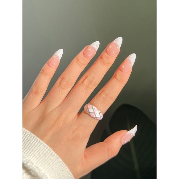 24 pcs Acrylic Pearl French Tip Press On Nail Set Long Almond Reusable - Picture 1 of 7